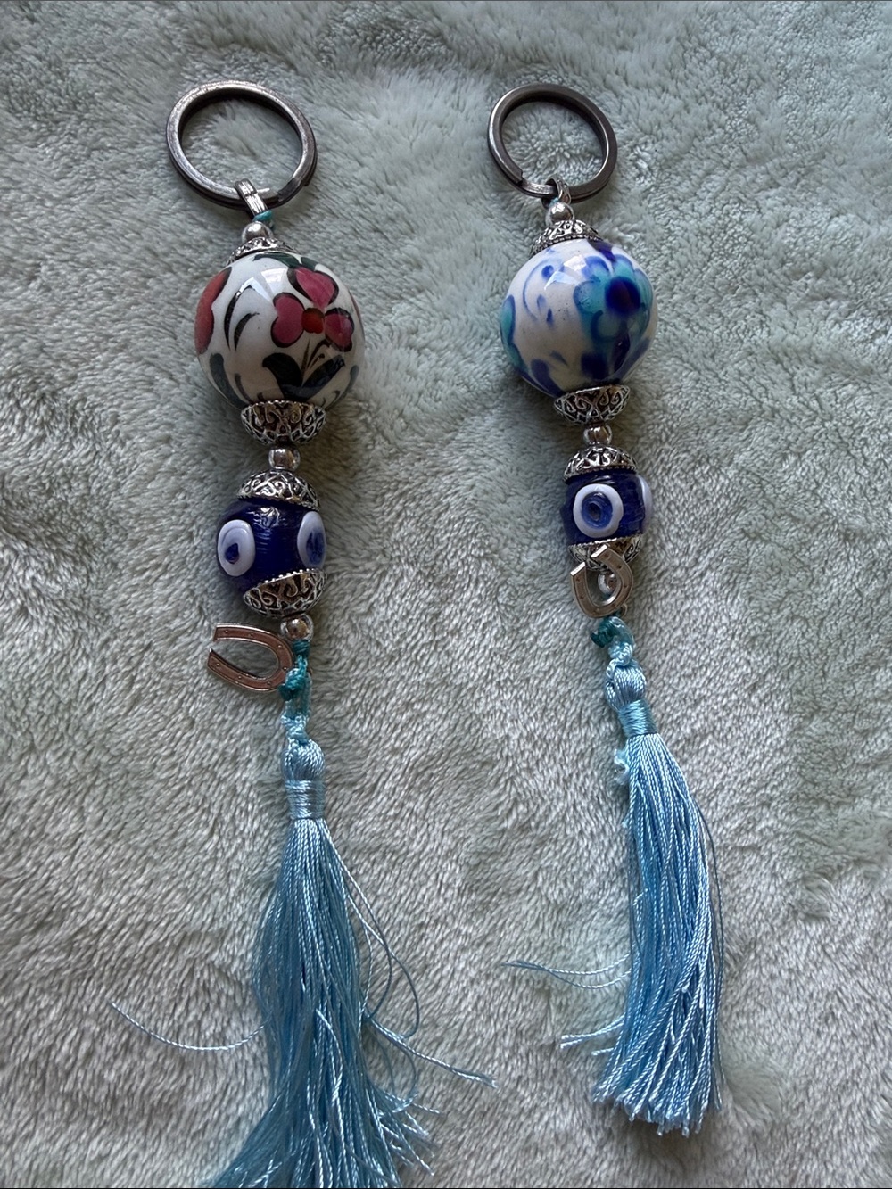 Ceramic Bead Tassel Keychain - Blue & White